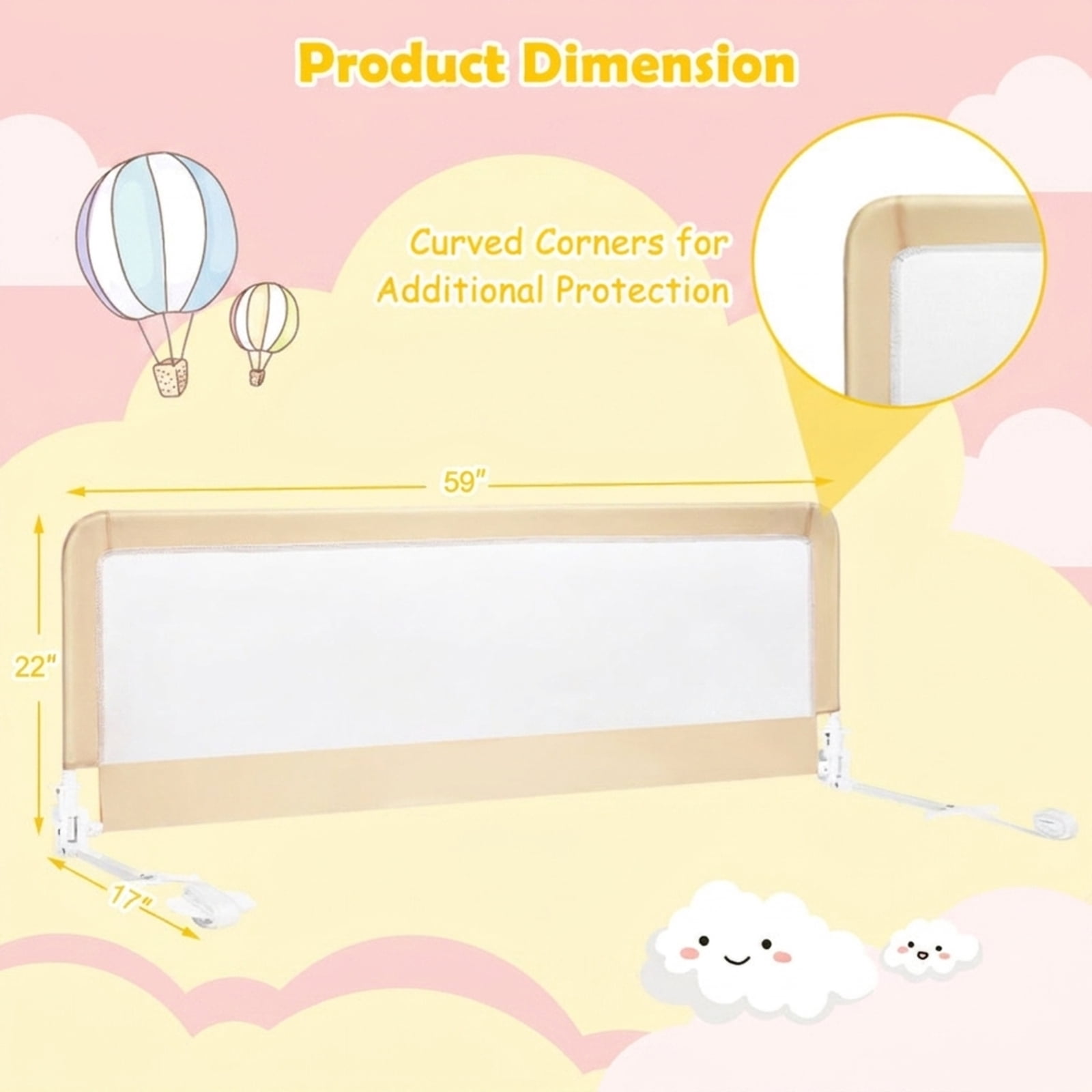 SUGIFT 59 Inch Folding Breathable Bed Side Rails Guard with Swing Down Design Mesh Panel Safety Strap Metal Crossbar and Washable Cover for Bedside Protection, Beige