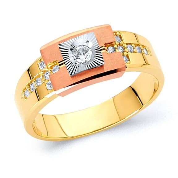 Wellingsale Mens Solid 14k 3 Tri Color White Yellow and Rose / Pink Gold Polished CZ Cubic Zirconia Signet Ring - Size 8