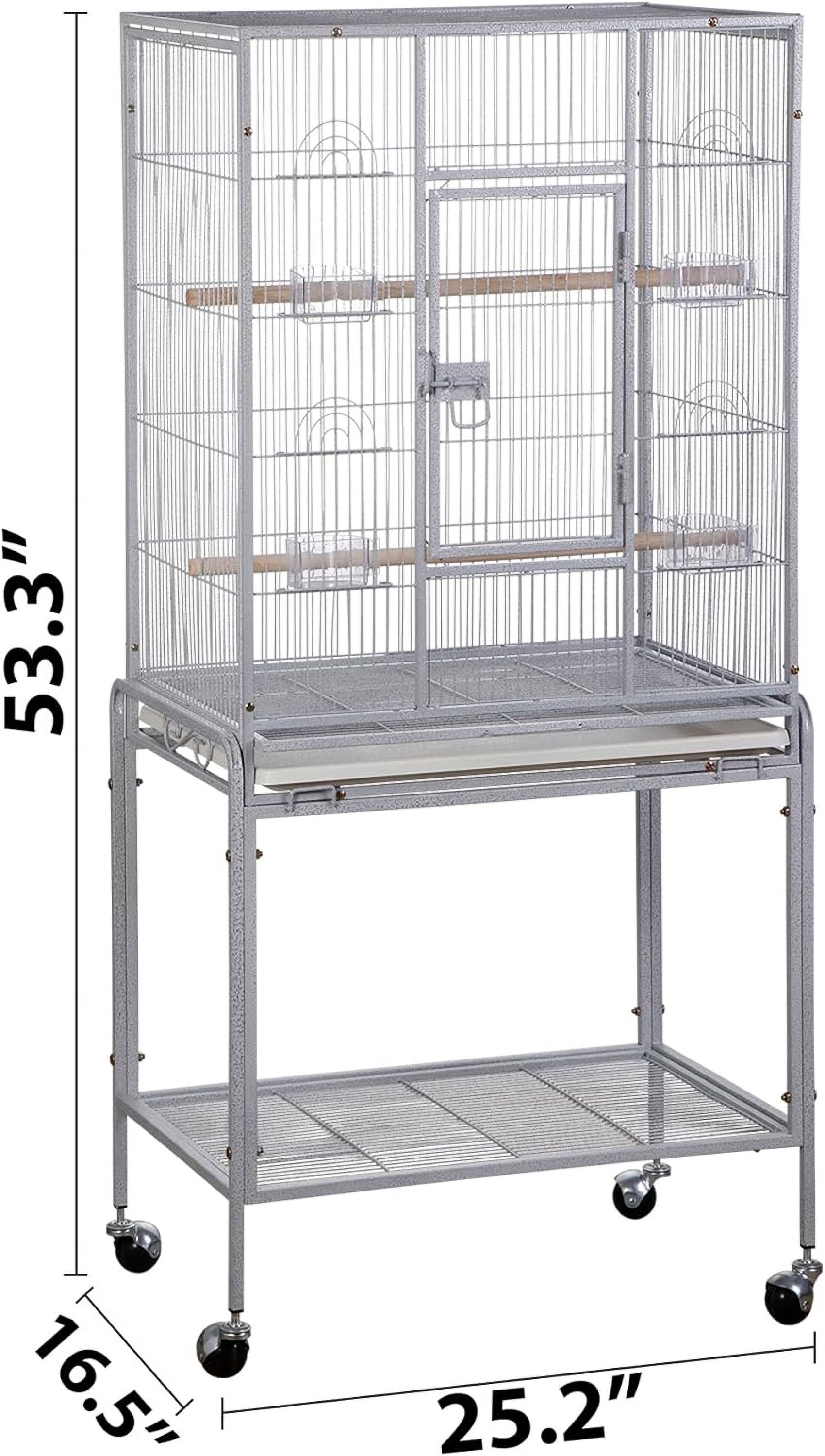 53-Inch Rolling Bird Cage, Wrought Iron Large Cage with Stand and Storage Shelf for Parrots, Cockatiels, Parakeets, and Macaws (White)