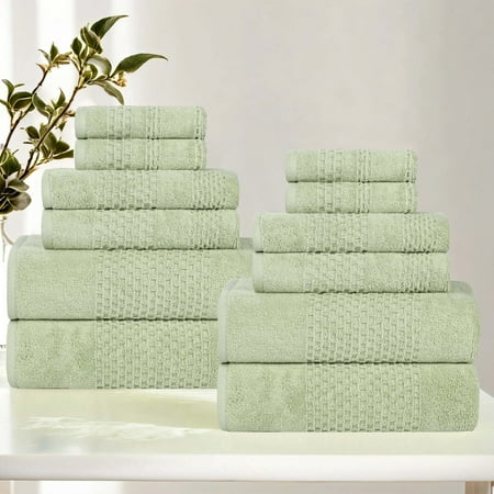 Superior Playa Zero Twist Cotton Solid Waffle Textured 12 Piece Towel Set Green