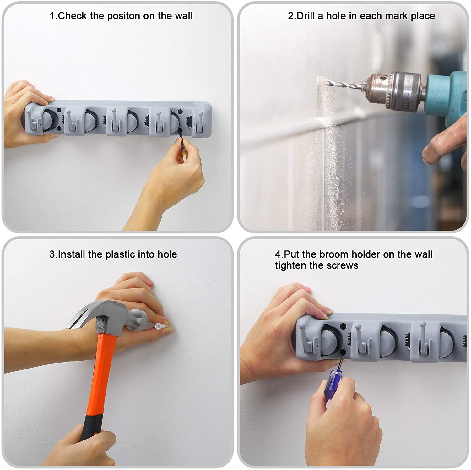 Dinosam Wall Mount Broom Holder, 4 Positions, 5 Hooks, Gray photo 3