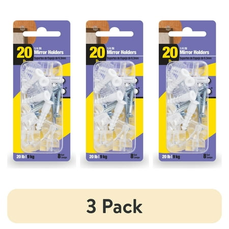 (3 pack) Ook Mirror Holders for 1/4" Depth, 20 lbs, Acrylic, Clear, Clear, 8 pack