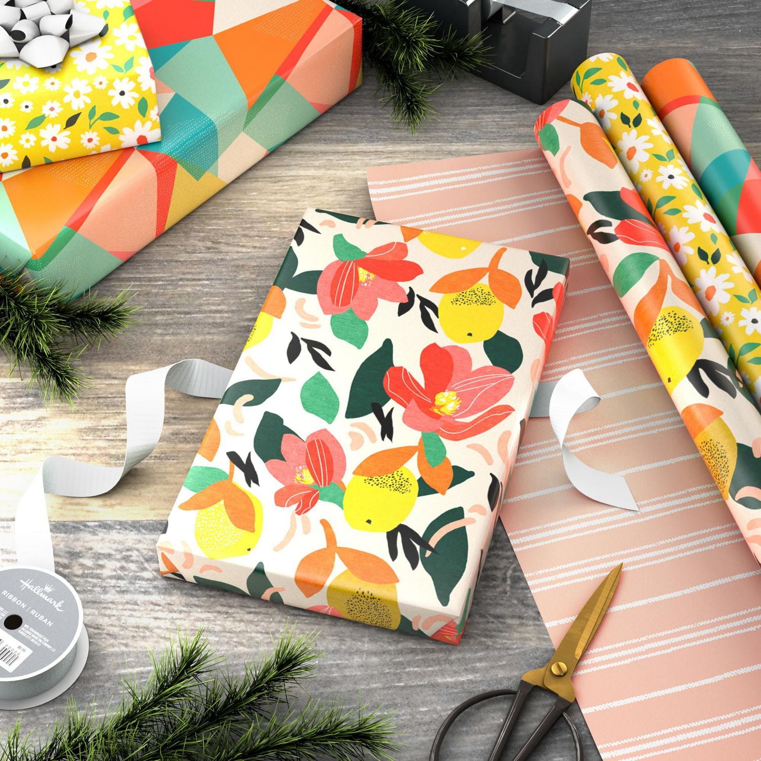 Hallmark Reversible Wrapping Paper (3 Rolls: 75 Sq. Ft. Ttl) Floral, Lemons, Bright Abstract