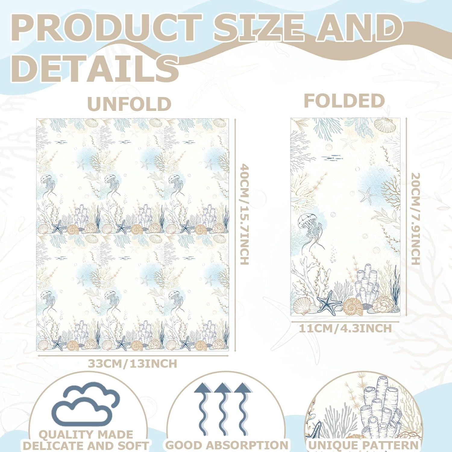 100 Pcs Summer Ocean Paper Napkins Disposable Guest Towels for Bathroom Decoupage Decorative Napkins Paper Seashell Nautical Coral Hand Towels for Kitchen Wedding Dinner Party(Striped)