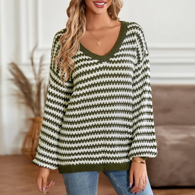 Jersey para mujer jersey cálido suéter clásico a rayas simples traje de vacaciones con cuello en V