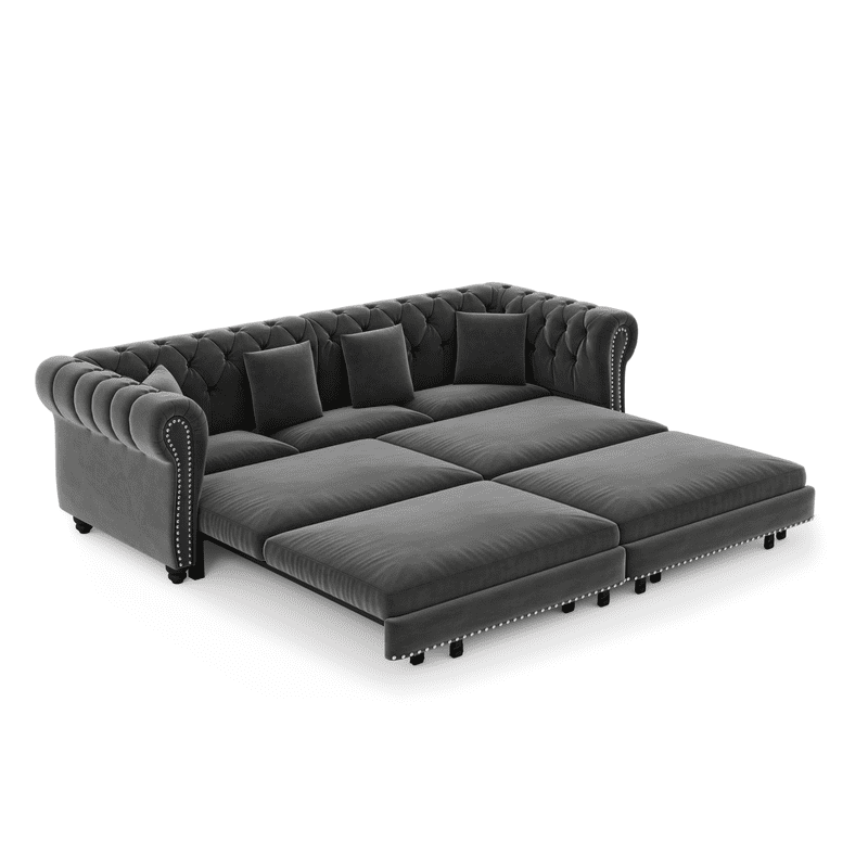 3-in-1 Pull-Out Sofa Bed, 89'' Chesterfield Sofa, Convertible Sleeper Sofa Bed, King Size Sofa Bed, Chaise Lounge, Tufted Design Velvet 3-Seater Sofa with Movable Ottoman
