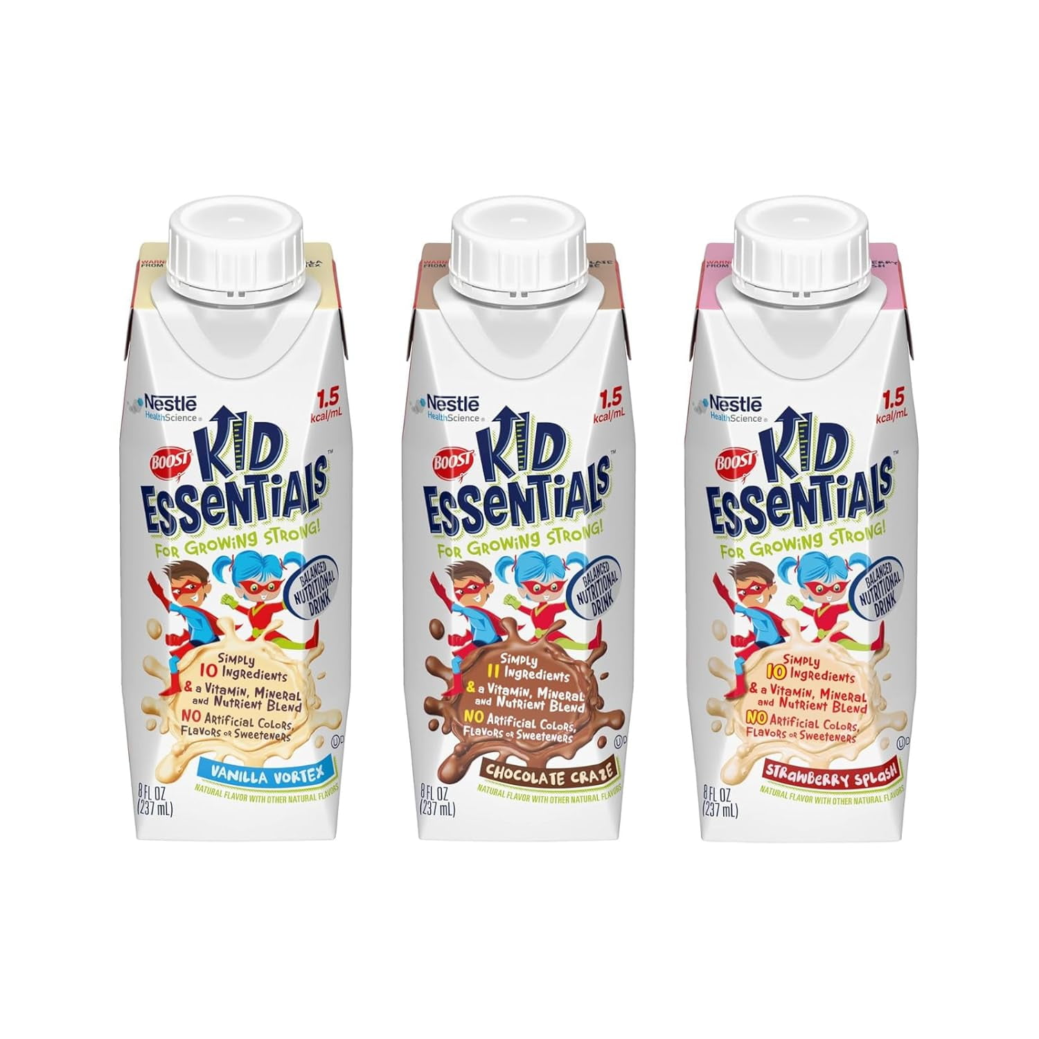 Kid Essentials 1.5 Balanced Nutritional Drink Variety Pack,Strawberry Splash,Chocolate Craze,Vanilla Vortex, 8 FL OZ Bottles (3 CT)