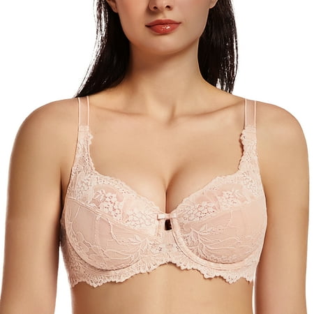 MELENECA Women s Plus Size Minimizer Bras Full Coverage Lace Unlined Underwire Bra Beige 42D