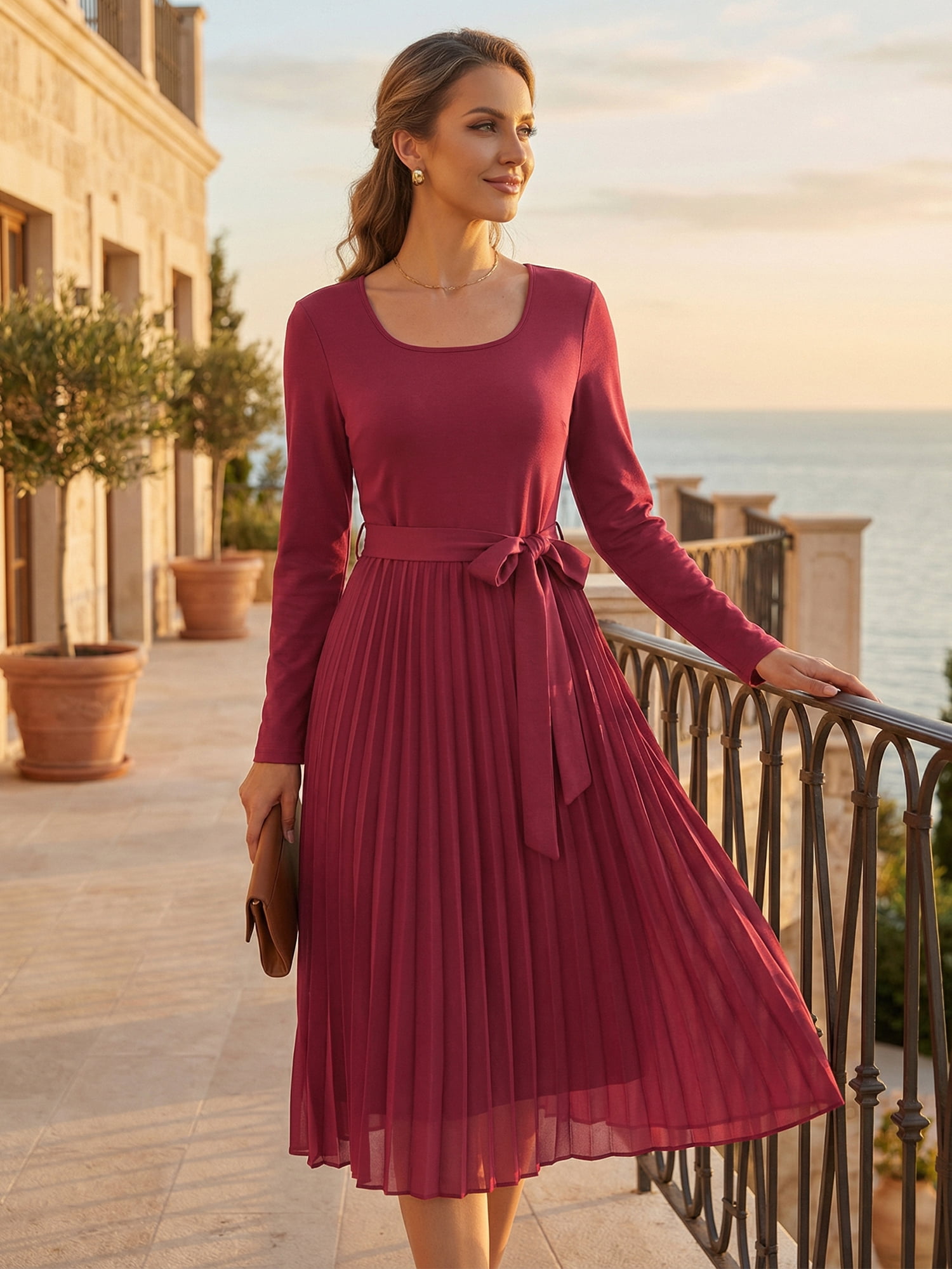 DARING DIVA Women's Pleated Crewneck A Line Flowy Long Sleeve Dress XL Wine Red