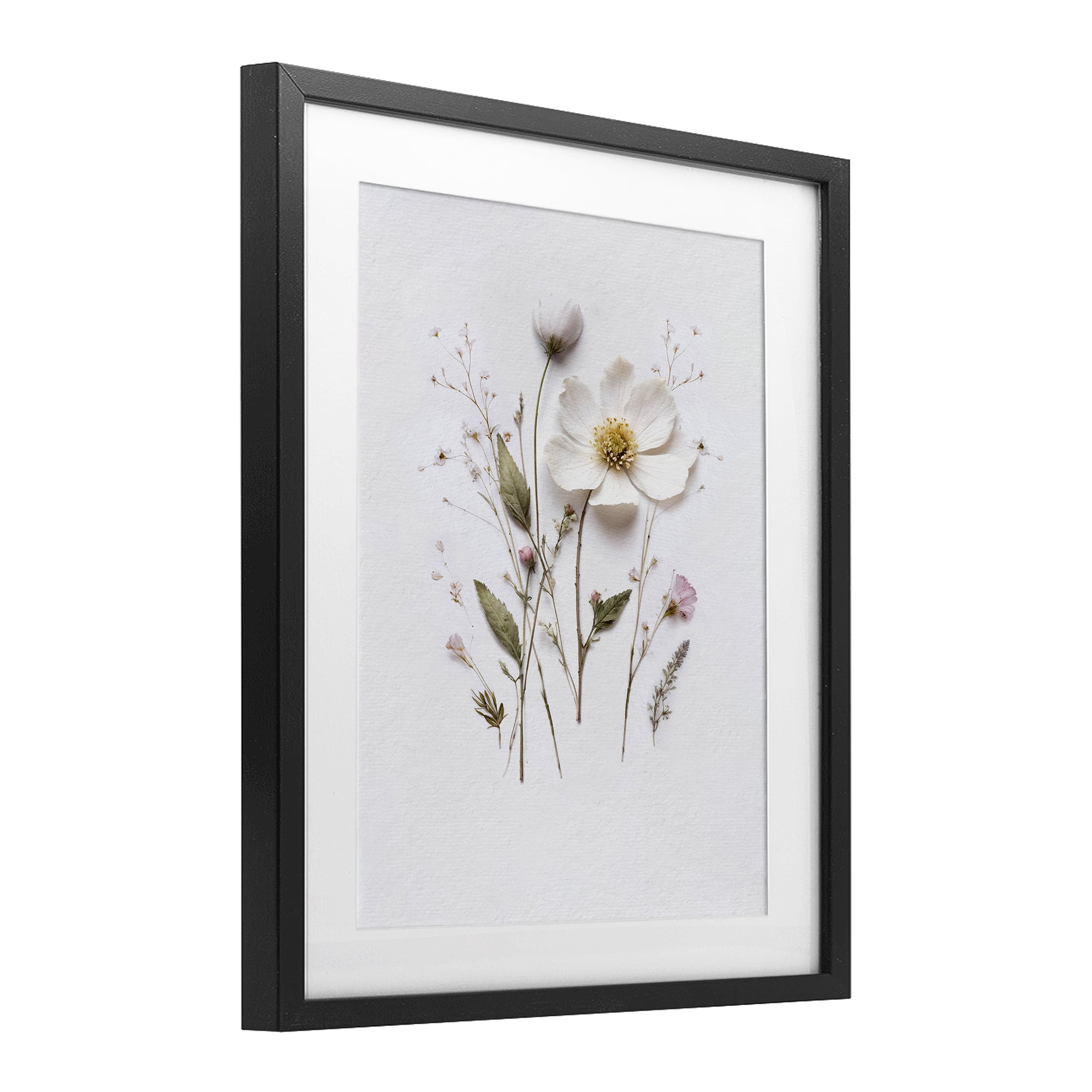 Delicate Pressed Flower Sprigs Black Framed Print Under Glass, design by Lettered and Lined