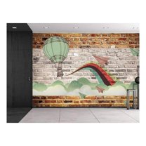 wall26 - Faux Brick Wall Pattern with Painted Mural - Whimsical hot air Baloon and Paper Airplanes Design Breaking Through Clouds - Wall Mural, Removable Sticker, Home Decor - 66x96 inches