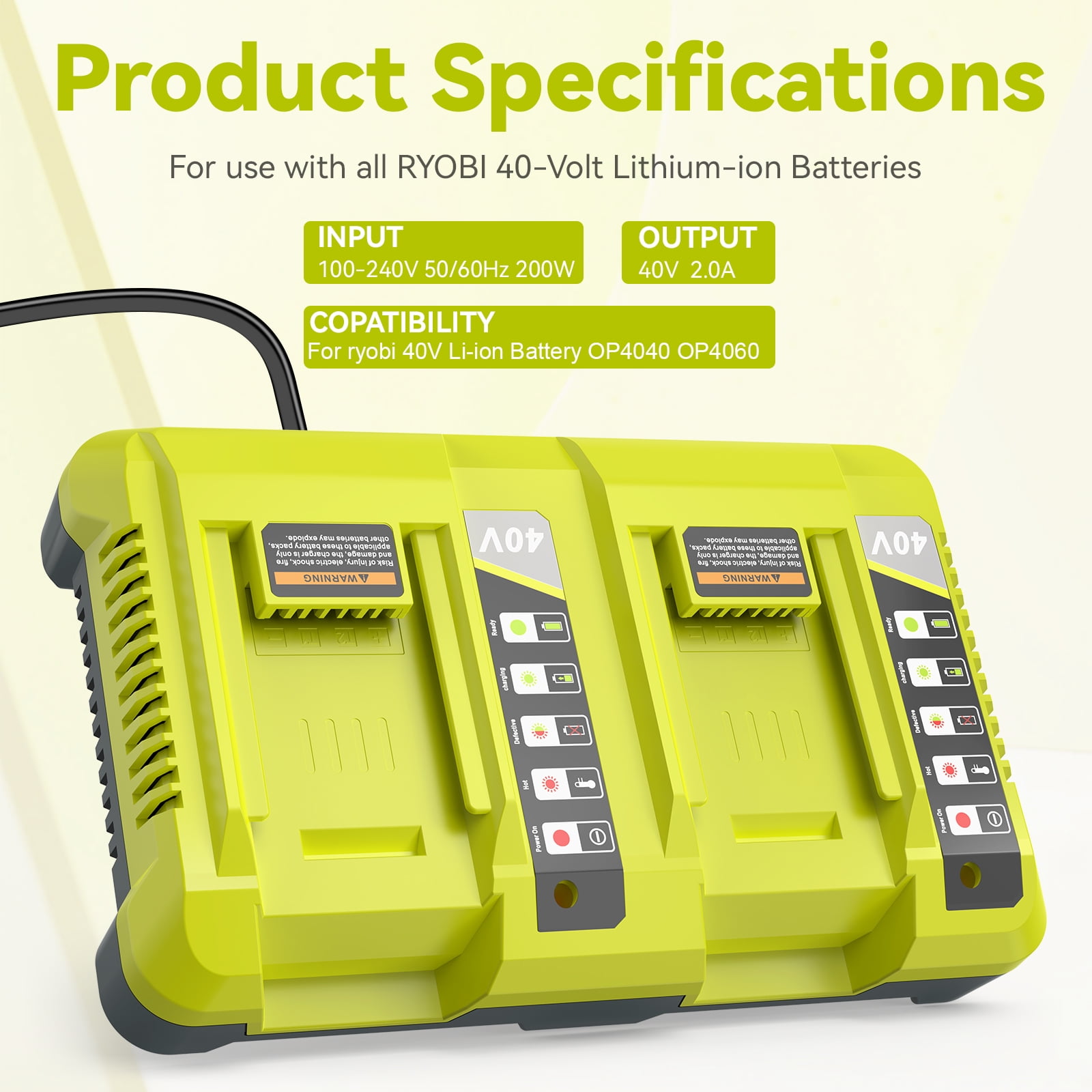 40V Battery Charger for Ryobi Battery, OP401 40 Volt Lithium ion Battery Dual Charger for OP4015 OP4026 OP4030 OP4040 OP4050 OP4060 OP40261 OP40301 OP40401 OP40501 OP40601 Battery