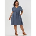 thumbnail image 3 of Women's Plus Size Dress V Neck Short SleeveLine Chambray Denim Dresses Dark Blue 3X, 3 of 6