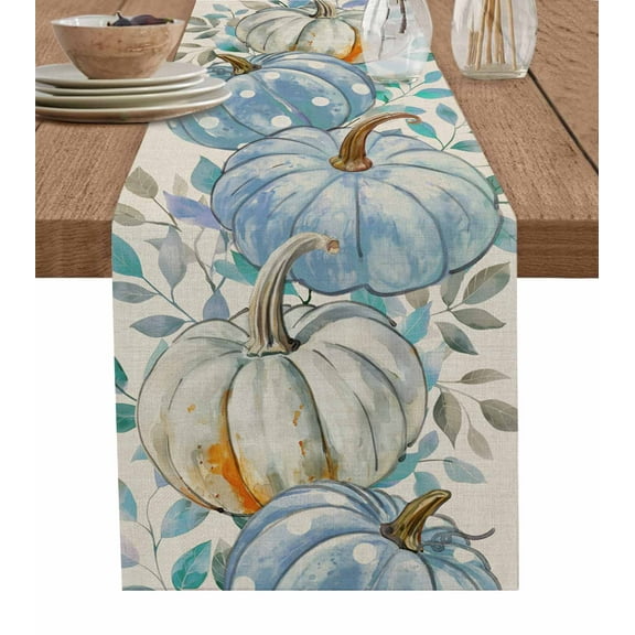 Blue White Pumpkins Burlap-Cotton Table Runner 90 Inches Long,Fall Thanksgiving Watercolor Eucalyptus Farmhouse Table Runners,Outdoor Dining Tablecloths Decor for Baby Shower Party Wedding 13x90