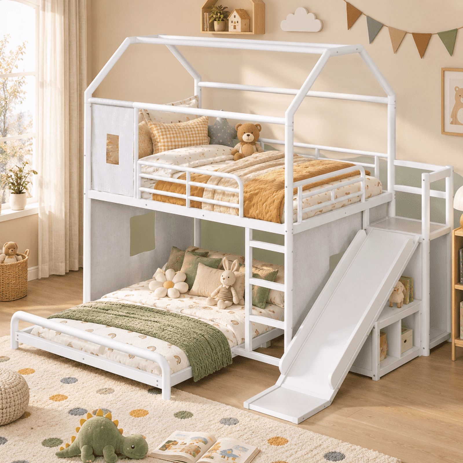 Full Over Full Metal Bunk Bed with Slide, Ladder, LED Light, Privacy Curtain and Movable Storage Cabinet, House-Shaped Kids Bunk Bed with Hanging Rod, No Box Spring Required