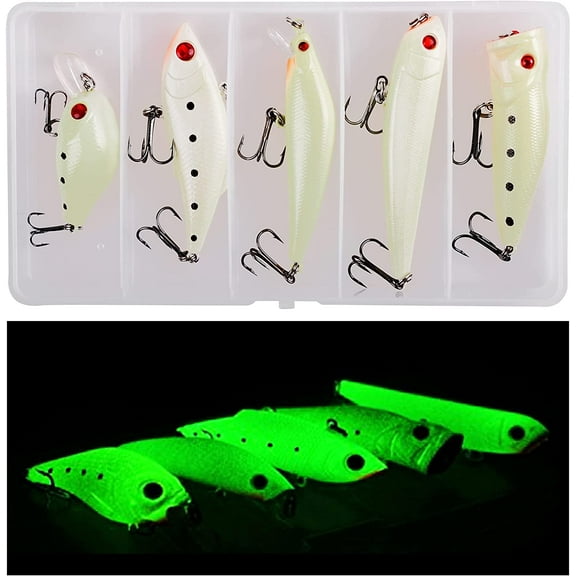OROOTL Glow Fishing Lures Kit,5pcs Luminous Fishing Bait Hard Lure with Treble Hooks