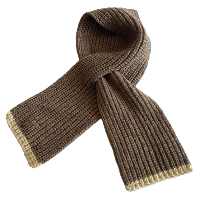 Kids Knitted Scarf Fashion Solid Color Toddler Soft Warm Scarves made of thick acrylic knit in a brown tone with cream accents at the ends. This ribbed kids accessory is designed for ages 3-9, offering warmth and style for daily wear, winter performances, and Christmas occasions.
