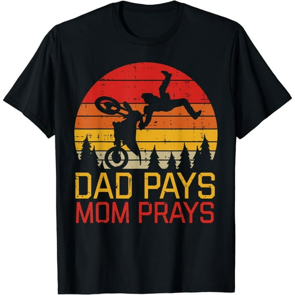 Dad Pays Mom Prays Dirt Bike Retro Motocross Boys Kids T-Shirt