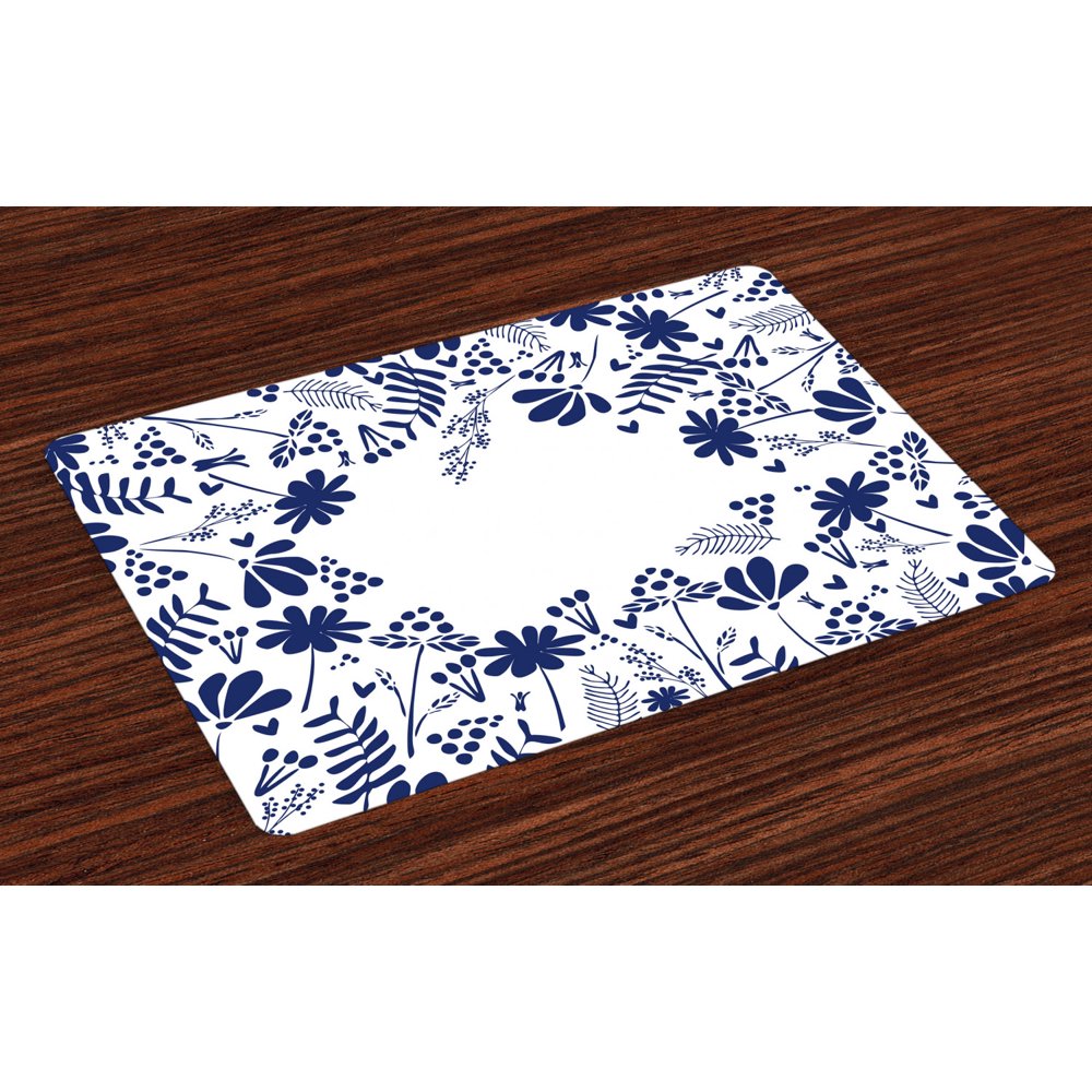 Navy Placemats Set of 4 Botanical Beauty Flower Branches Ferns Leaves Bushes Spring Themed