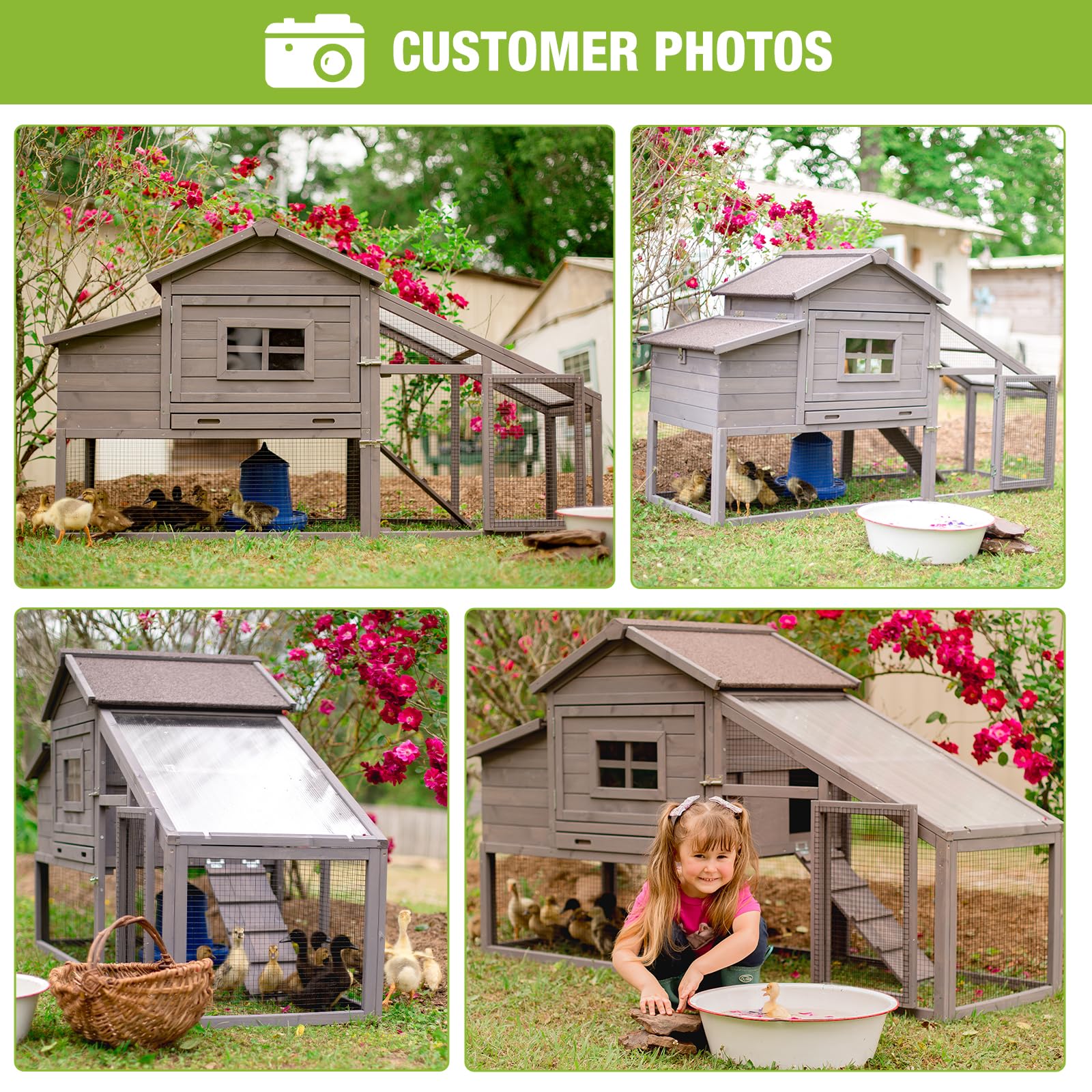 BUTINGLALE Outdoor Mobile Chicken Coop with Wheels Hen House with Nesting Box Wooden Bunny Cage Large Duck House with Run UV Roof Rabbit Hutch(Grey)
