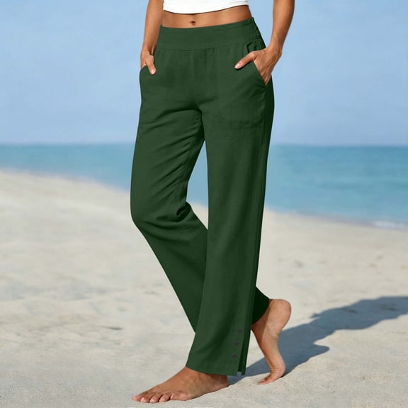 HBYJLZYG Women's Cotton Linen Blend Wide Leg Pants with Pockets, Relaxed Fit Pull-On Long Trousers with Side Slit and Button Hem for Summer Beach Vacation