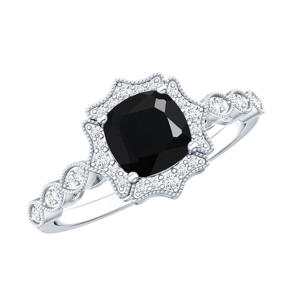 Rosec Jewels Real Black Onyx Cushion Cut Engagement Ring 2 Carat - AAA Grade - Vintage Style Black Onyx Diamond Ring, 925 Sterling Silver, US 4.00