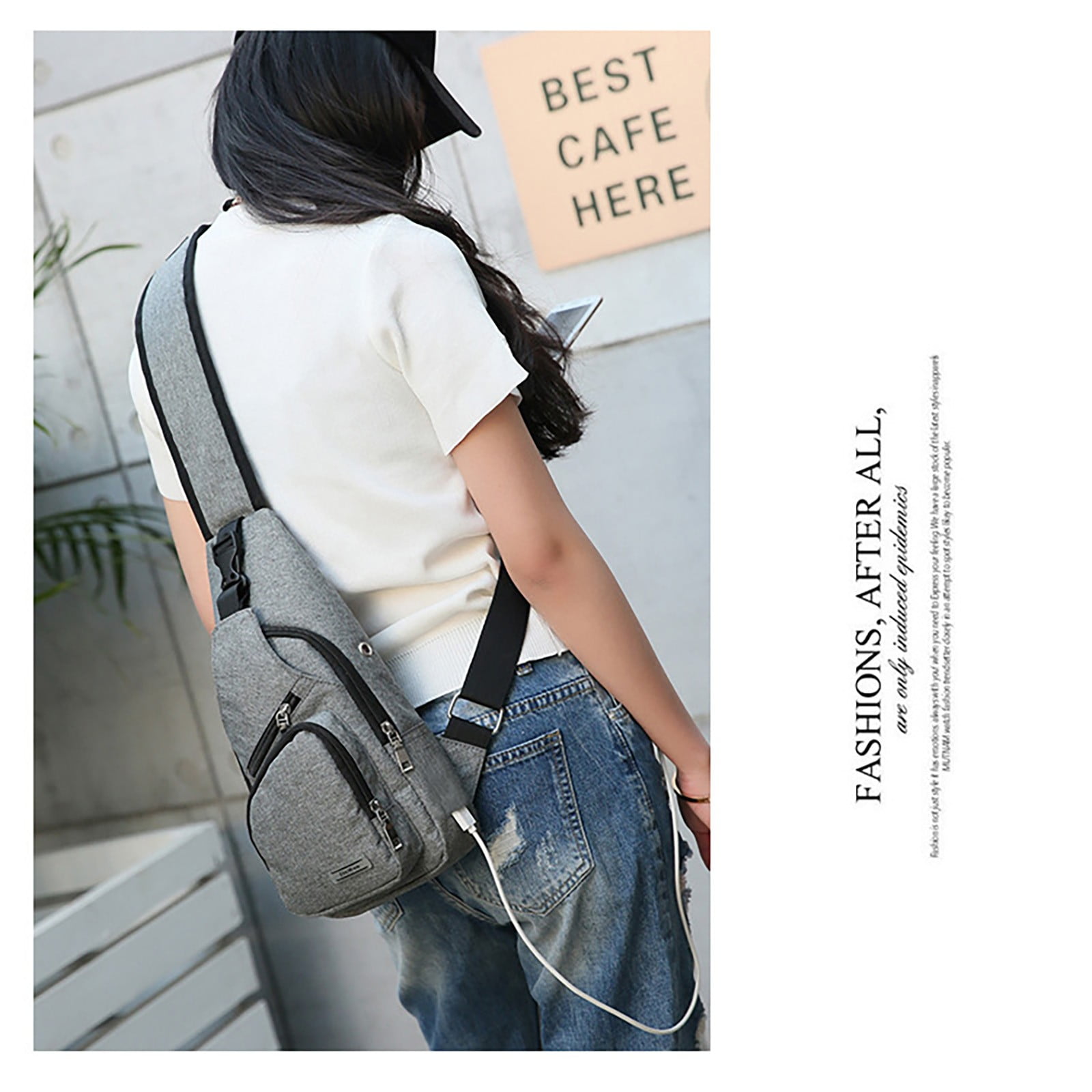 Stylago USB Charging Port Sling Backpack for Women Chest Bag Crossbody Purse with Earphone Hole Multifunctional Hiking Travel Pack Grey