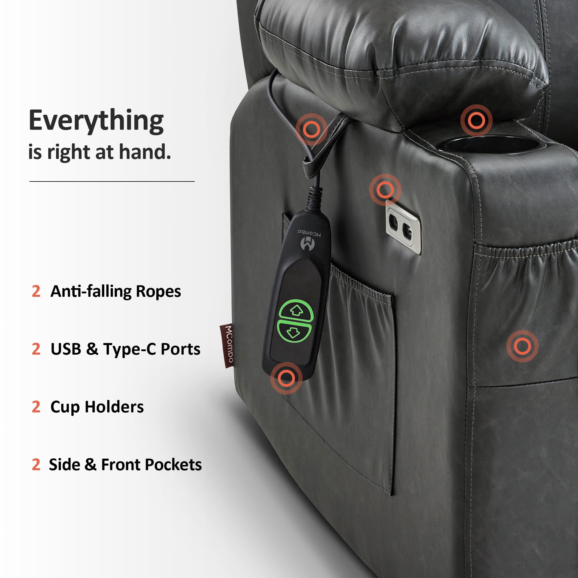 MCombo Large Power Lift Recliner Chair with Massage and Heat for Big and Tall Elderly, Faux Leather, Gray