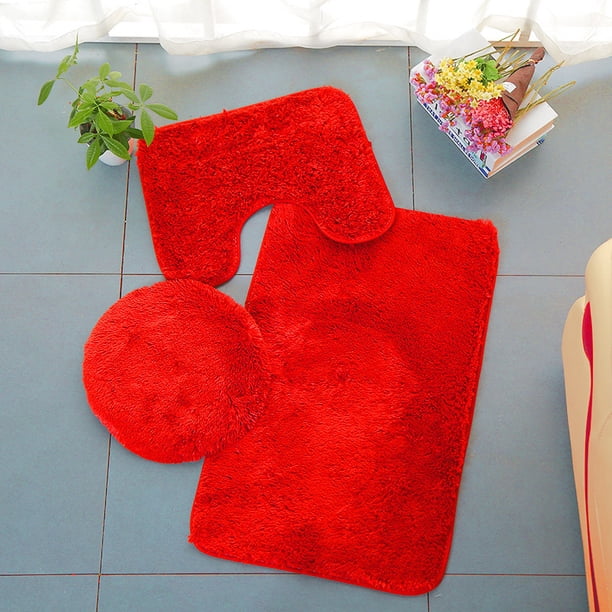 Xiao Hua Juego de 3 alfombrillas de baño, alfombrillas contorneadas y fundas de baño con respaldo de goma, color sólido (rojo brillante)
