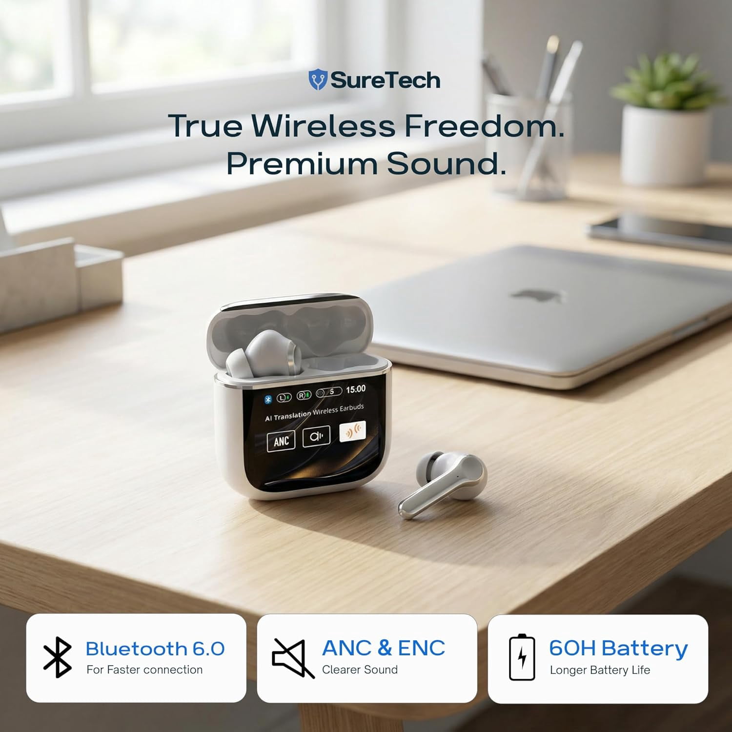 SureTech ANC/ENC Wireless Earbuds - 60 Hours Battery Life, AI Translation, Bluetooth 6.0, Touch Control, Waterproof, Charging Case with Silicone Tips