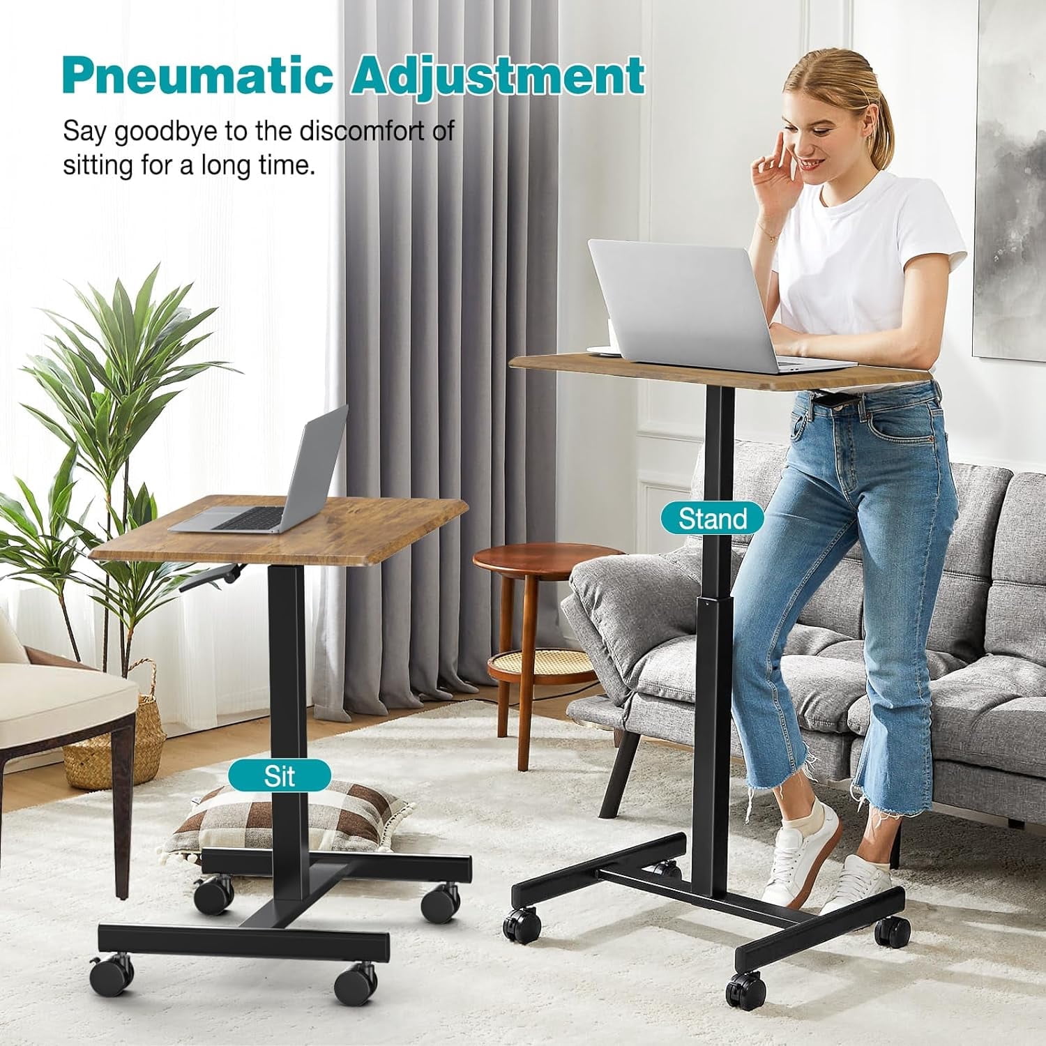 Small Standing Desk, Mobile Stand up Desks with Lockable Wheels, Adjustable Height, 26 Inch Portable Rolling Laptop Computer Desks for Home, Brown