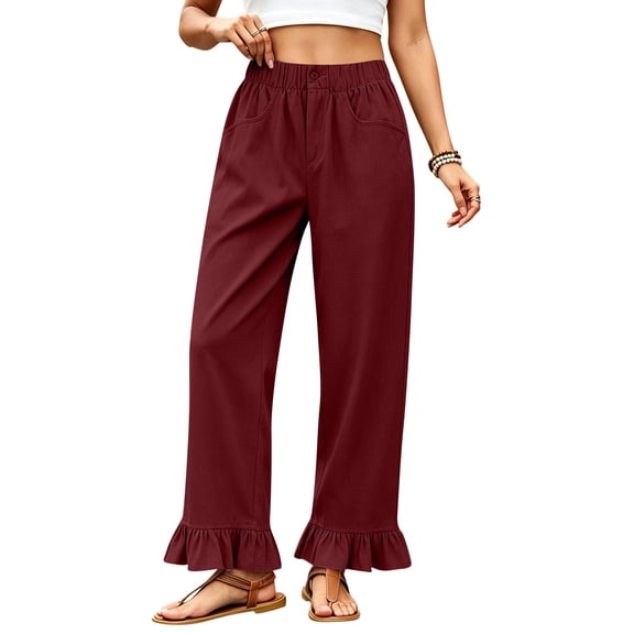 Satingcolo Linen Pants Women Wide Leg Ruffle Hem Pull On High Waisted Elastic Waist Cropped Ankle Casual Beach Summer Pants Wine 2XL