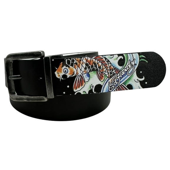 Ed Hardy Men's Skull and Koi Fish Print Reversible Belt (34, Black/White)