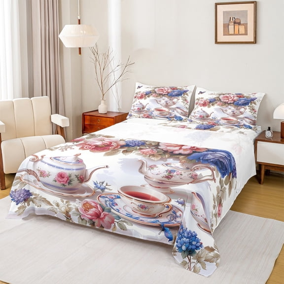 Manfei Vintage Floral Teacups Twin Sheet Sets 3pcs for Female Men,Exotic Style Twin Fitted Sheet Microfiber,Flowers Teapot Breathable Flat Sheet,Super Cozy Room Decor