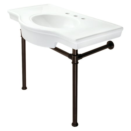 Kingston Brass VPB1375ST Templeton 37" Ceramic Console Sink with Stainless Steel Legs (8-Inch, 3-Hole), White/Oil Rubbed Bronze