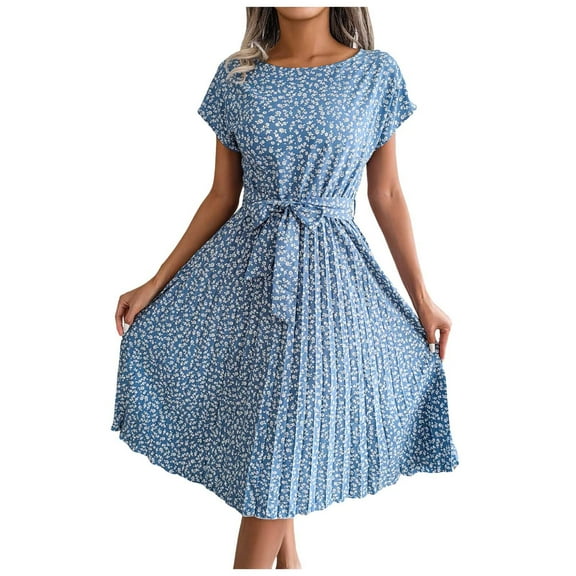 JAKANYQ Womens Dress Summer Midi Dress Small Petite Floral Print Short Sleeve Temperament High Waist Pleated Swing Dresses With Belt Ladies Stylish Vacation Swing Flowy Bohemian Chic Dailywear