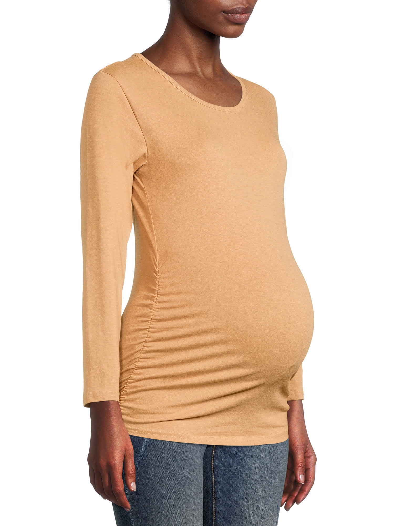 GLAMIX Women's Maternity T-Shirt Side Ruched Scoop Neck Long Sleeve Basic Pregnancy Tops 