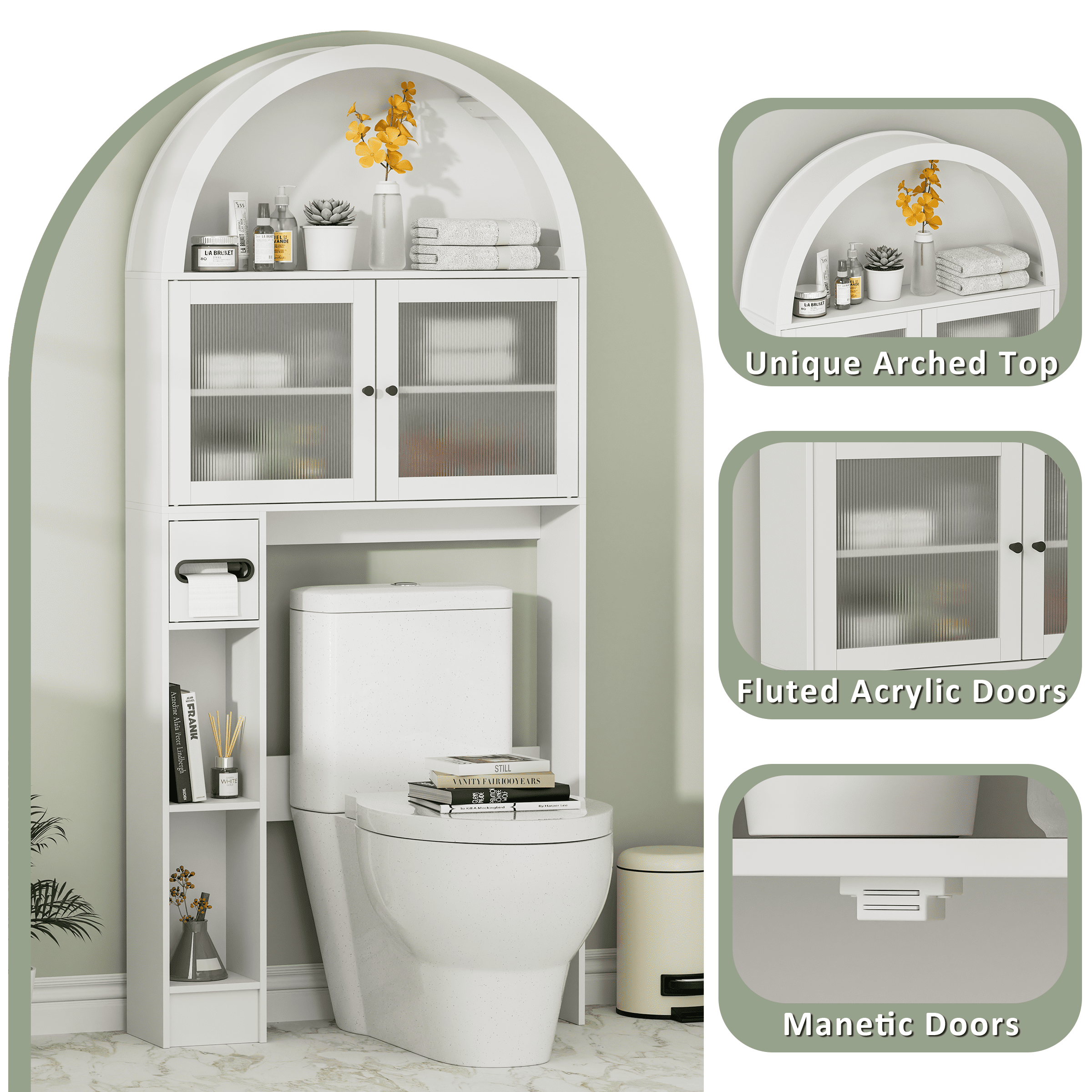 Over The Toilet Storage Cabinet, Over Toilet Cabinet 3-Tier Adjustable Shelves with Acrylic Doors, Freestanding Bathroom Organizer for Toiletries & Towels, Modern Arched Design White