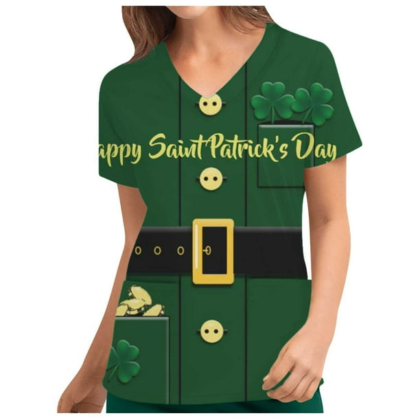 Uniforme de trabajo de enfermería con cuello en V y manga corta con estampado del Día de San Patricio para mujer a la moda Pompotops hkajfhjk460107