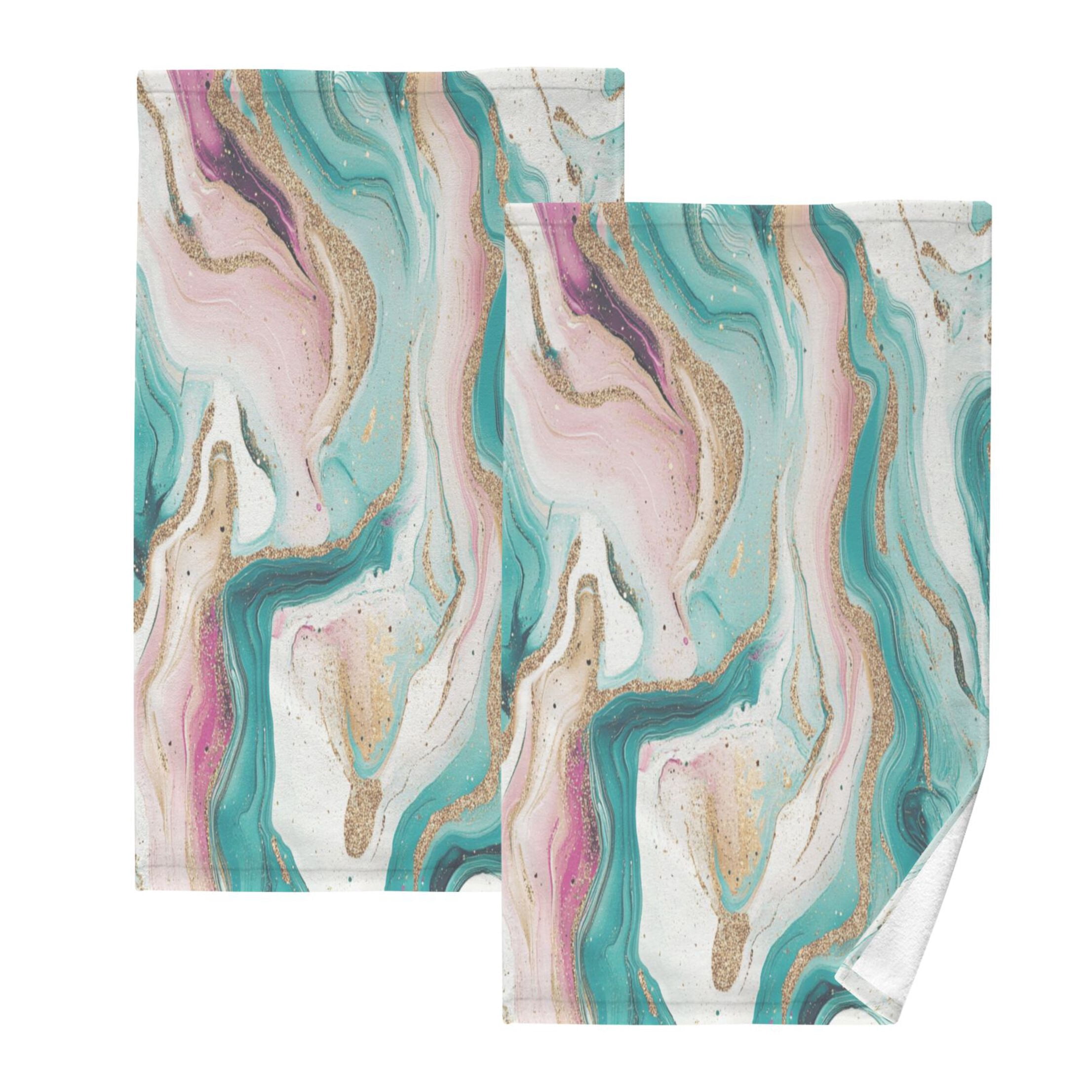 2 Pcs Absorbent Face Towel Bath Hand Towels Soft Breathable Cotton Towel Set for Bathroom Kitchen Hotel Spa Decor Teal Swirling Marble Pattern
