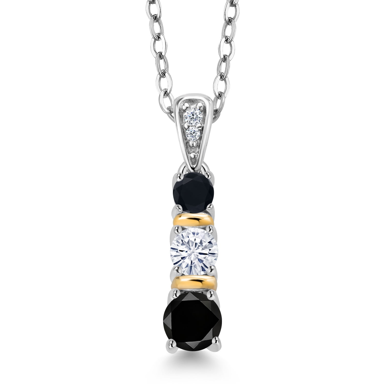 Gem Stone King 925 Silver and 10K Yellow Gold Round Black Diamond White Moissanite and Black Onyx Pendant Necklace for Women (0.53 Cttw, Gemstone April Birthstone, with 18 inch Chain)