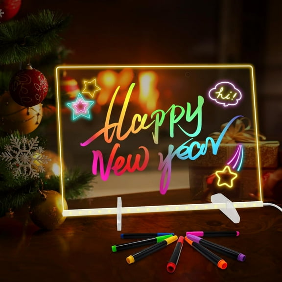 Acrylic Dry Erase Board with Light,LED Note Board with Colors 11.8"X7.8" 4 Modes & 7 Colors Rewritable LED Acrylic Drawing Board forKids School Home Office Include 7 pens,Clear Stand,Spray Bottle