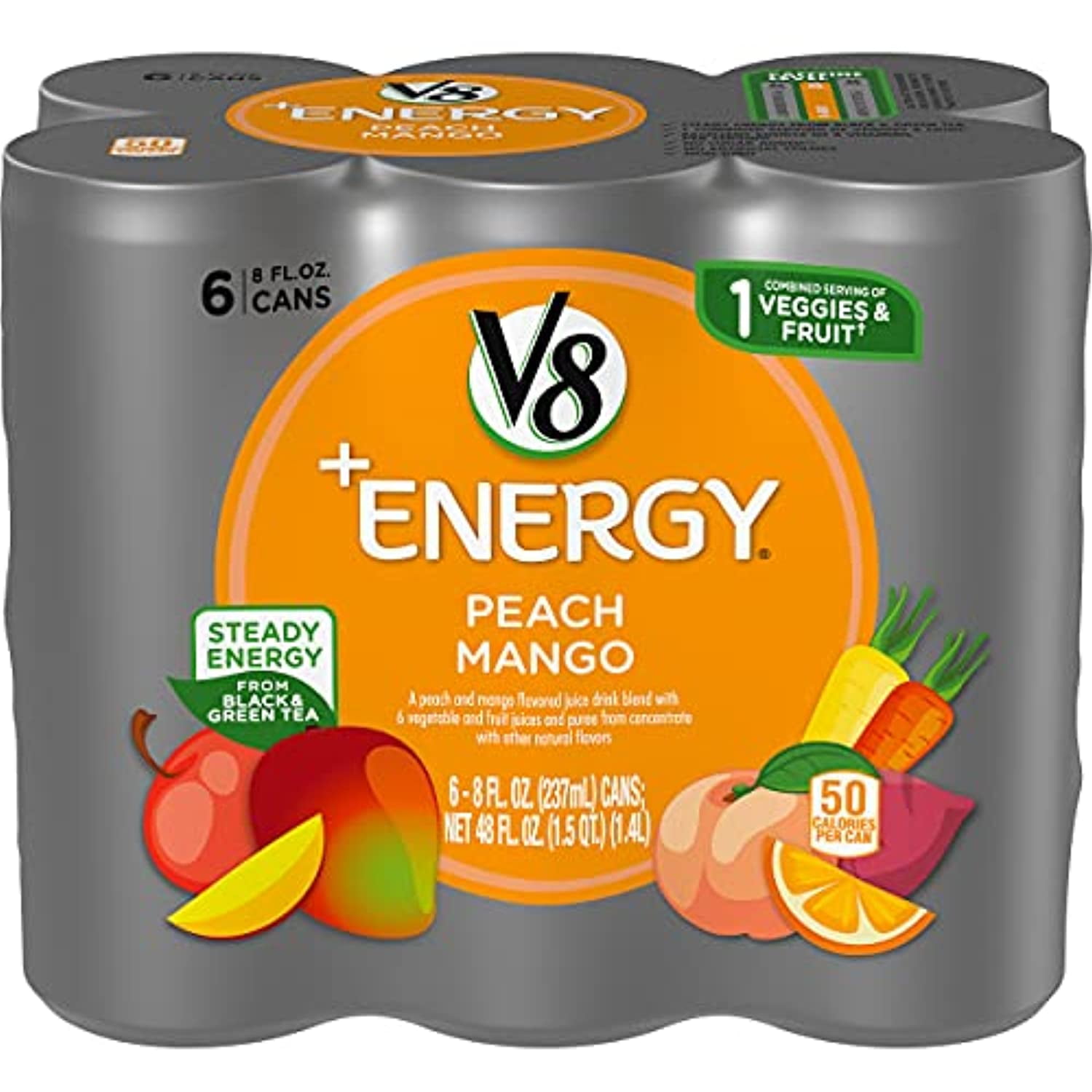 V8 +Energy, Healthy Drink, Natural Energy From Tea, Peach Mango, 8 Ounce Can (4 Packs Of 6, Total Of 24)