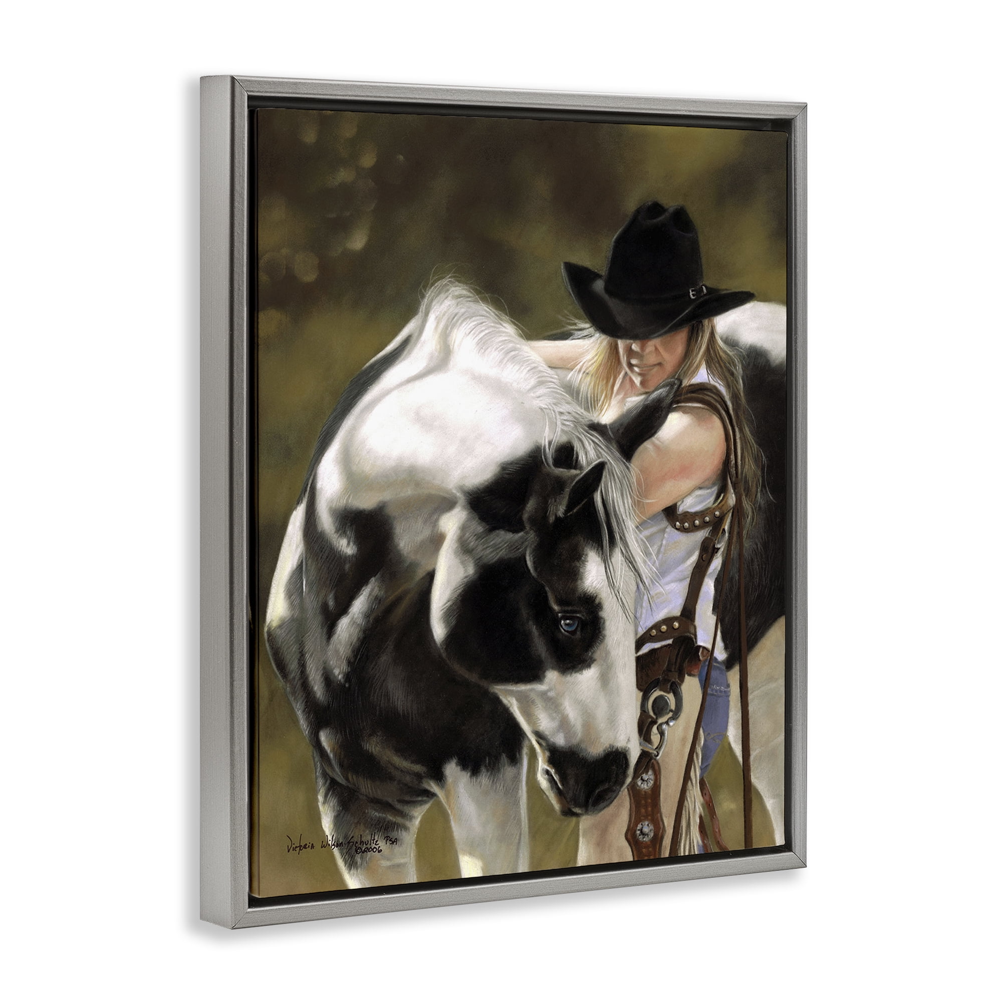 Stupell Industries Cowgirl & Spotted Horse Animals & Insects Painting Gray Floater Framed Canvas Art Print Wall Art, 17 x 21