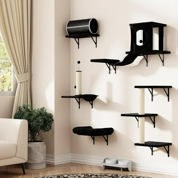 7-in-1 Wall Mounted Cat Climber Set, Cat Furniture with House, Tunnel, Bridge, Steps, Scratcher, Hammock, Shelves for Indoor, Black