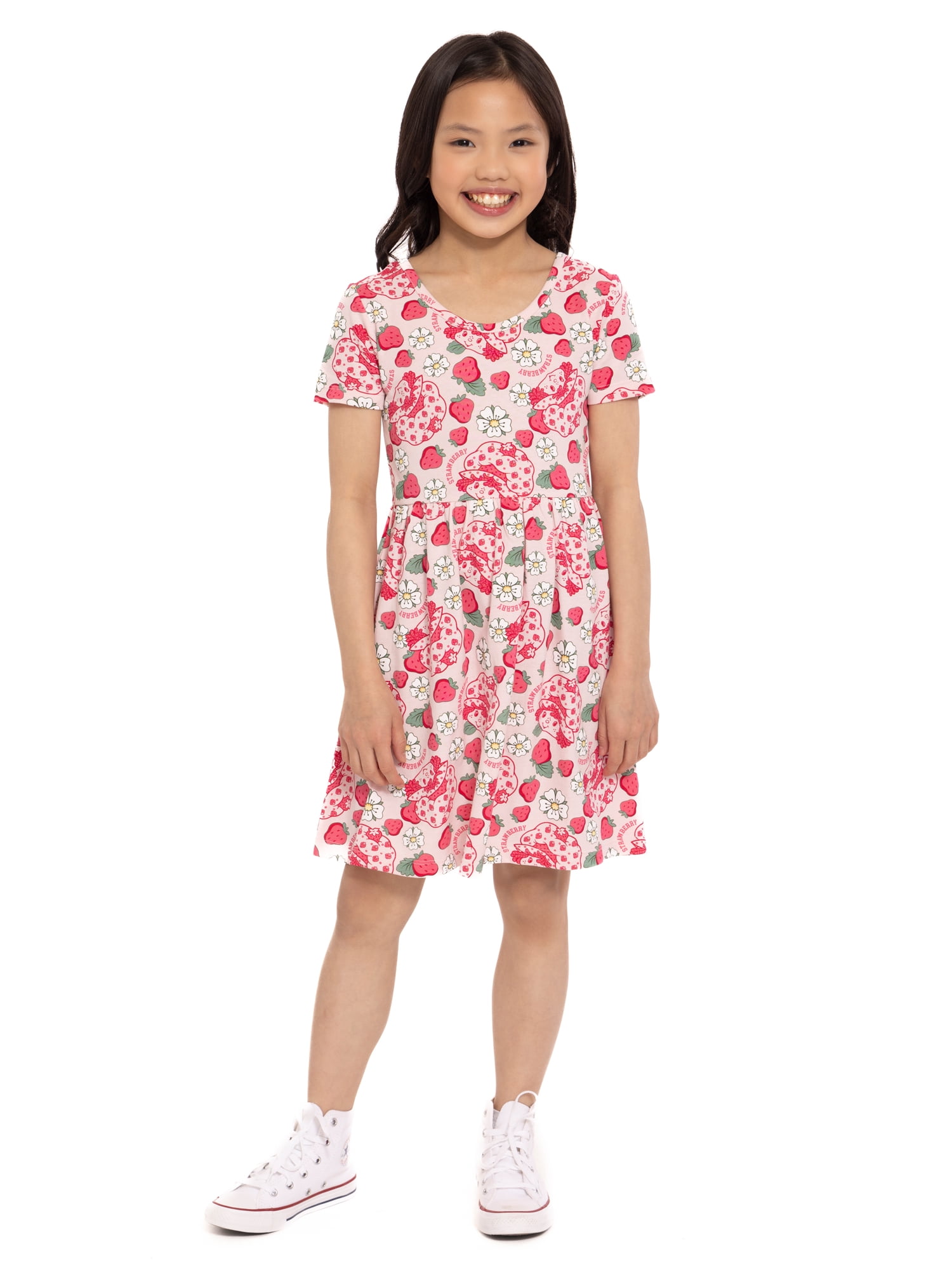 Strawberry Shortcake Girls Allover Print Dress with Short Sleeves, Sizes 4-12