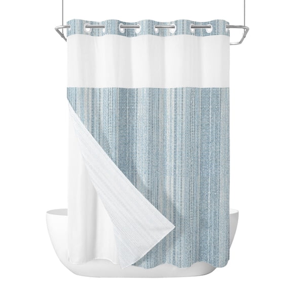 No Hook Shower Curtain, Rustic Haze Blue Long Bathtub Curtains with Snap in Liner, Farmhouse Vertical Striped Art Waterproof Washable Fabric Shower Curtain Set, 72" x 84"