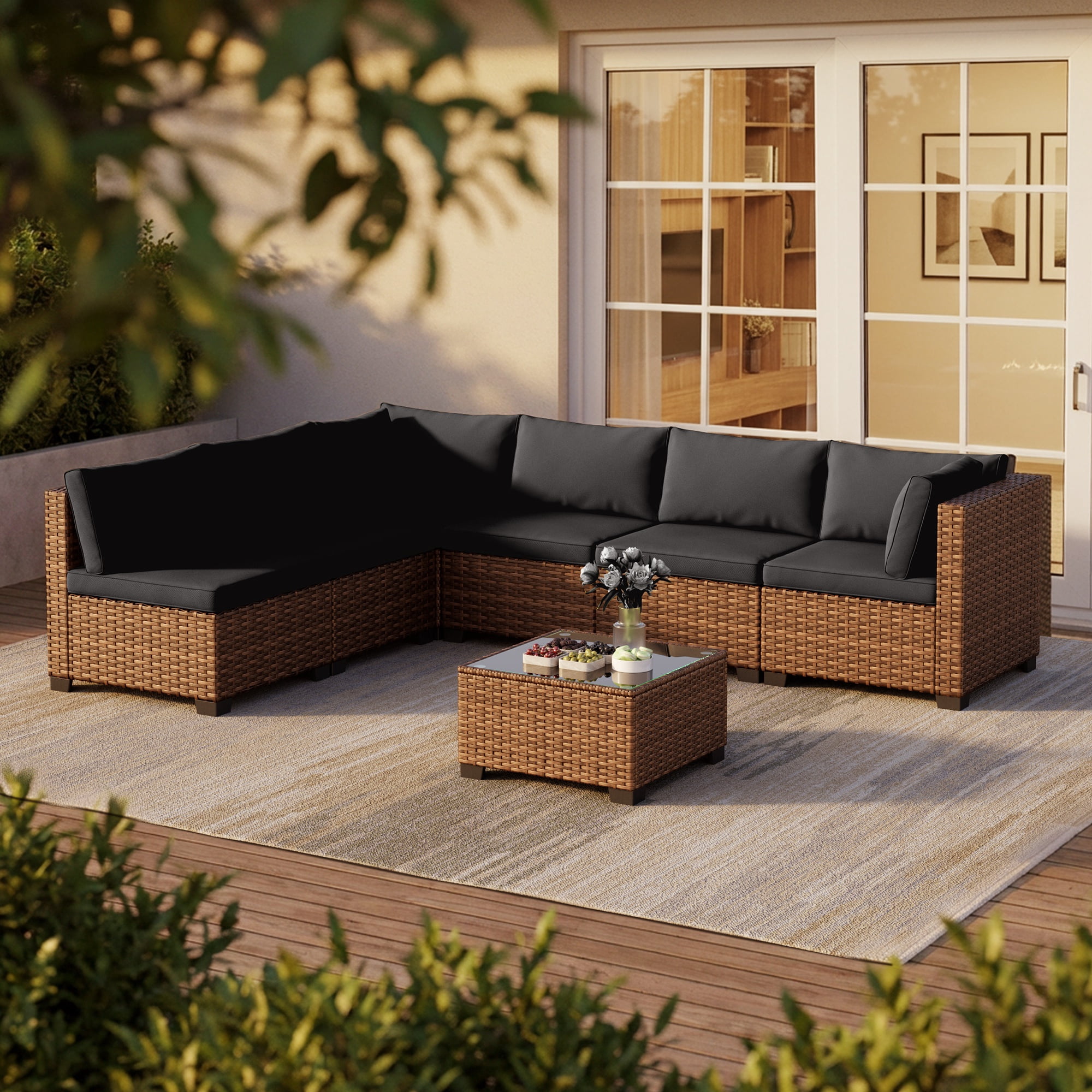 Noelse 7 Pieces Outdoor Patio Furniture Set, Wicker Sectional Sofa Set Sectional Conversation Sets with Cushions and Coffee Table for Garden, Balcony, Porch, Black