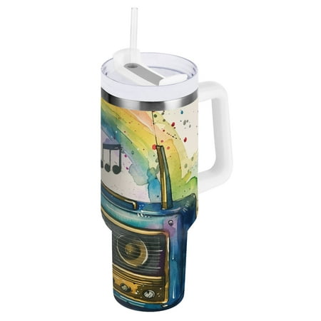 

JSTEL Music Notes Radio Rainbow 30 oz Tumbler Stainless Steel Water Bottle Vacuum Insulated Cup with Straw Lid & Handle For Travel Car Cup Holder