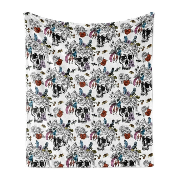 Gothic Soft Flannel Fleece Blanket, Day of the Dead Inspired Human Skulls Design with Colorful Flowers Mexican Tradition, Cozy Plush for Indoor and Outdoor Use, 50" x 70", Multicolor, by Ambesonne